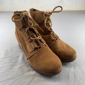 SOREL EVIE WATERPROOF LACE-UP SUEDE BOOTIE WOMEN’S SIZE 9 CAMEL BROWN WEDGE